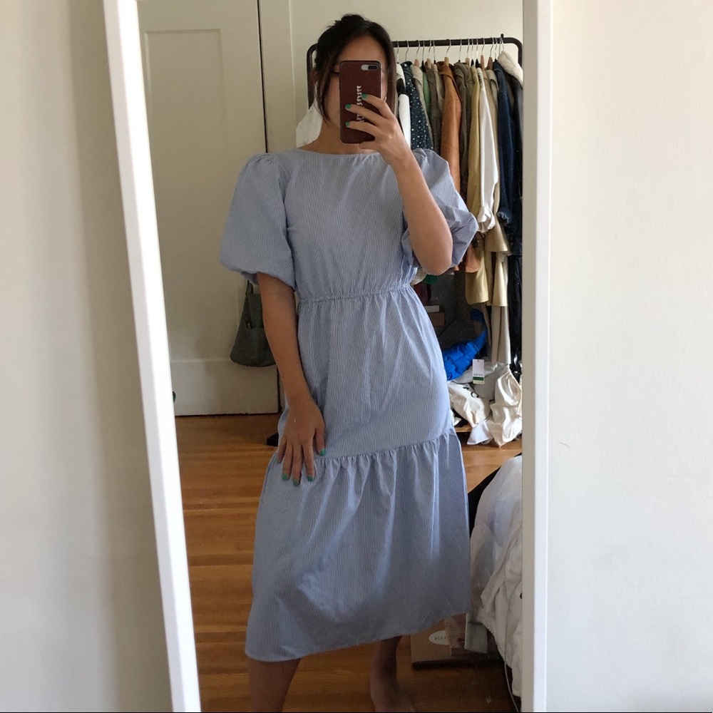 Nastygal striped blue midi dress with puff sleeves